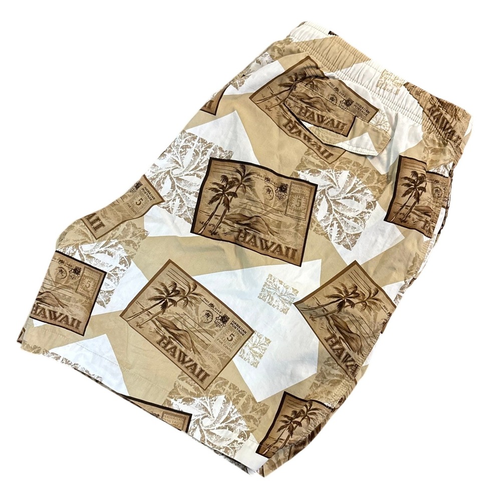 ROUNDTREE & YORKE Swim Trunks Mens XL Tan Hawaii Postcard Cotton Mesh Lined